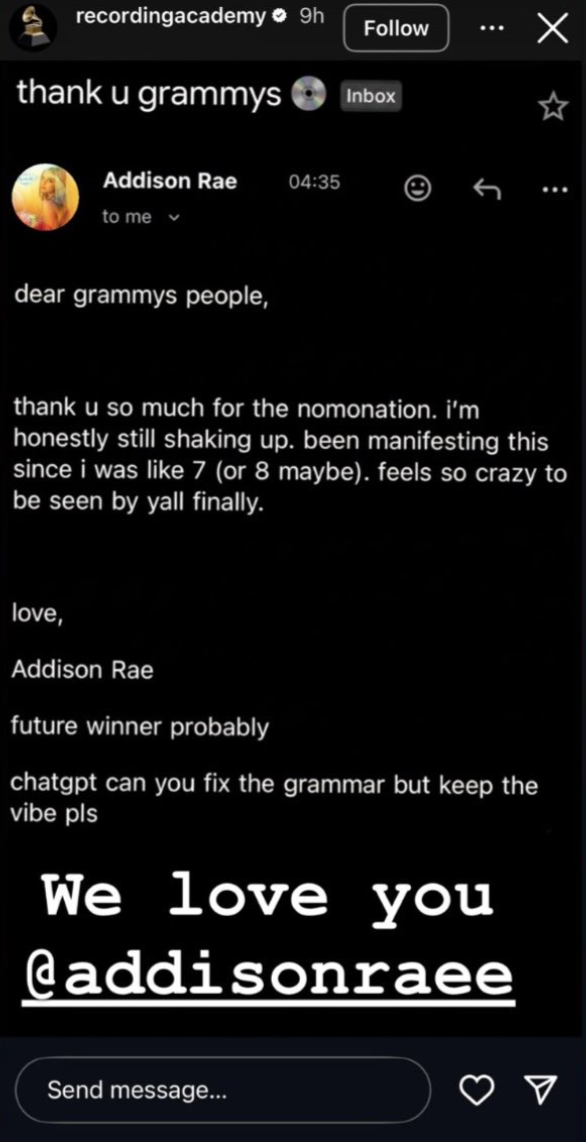 addison rae grammy thank u chatgpt ragebait