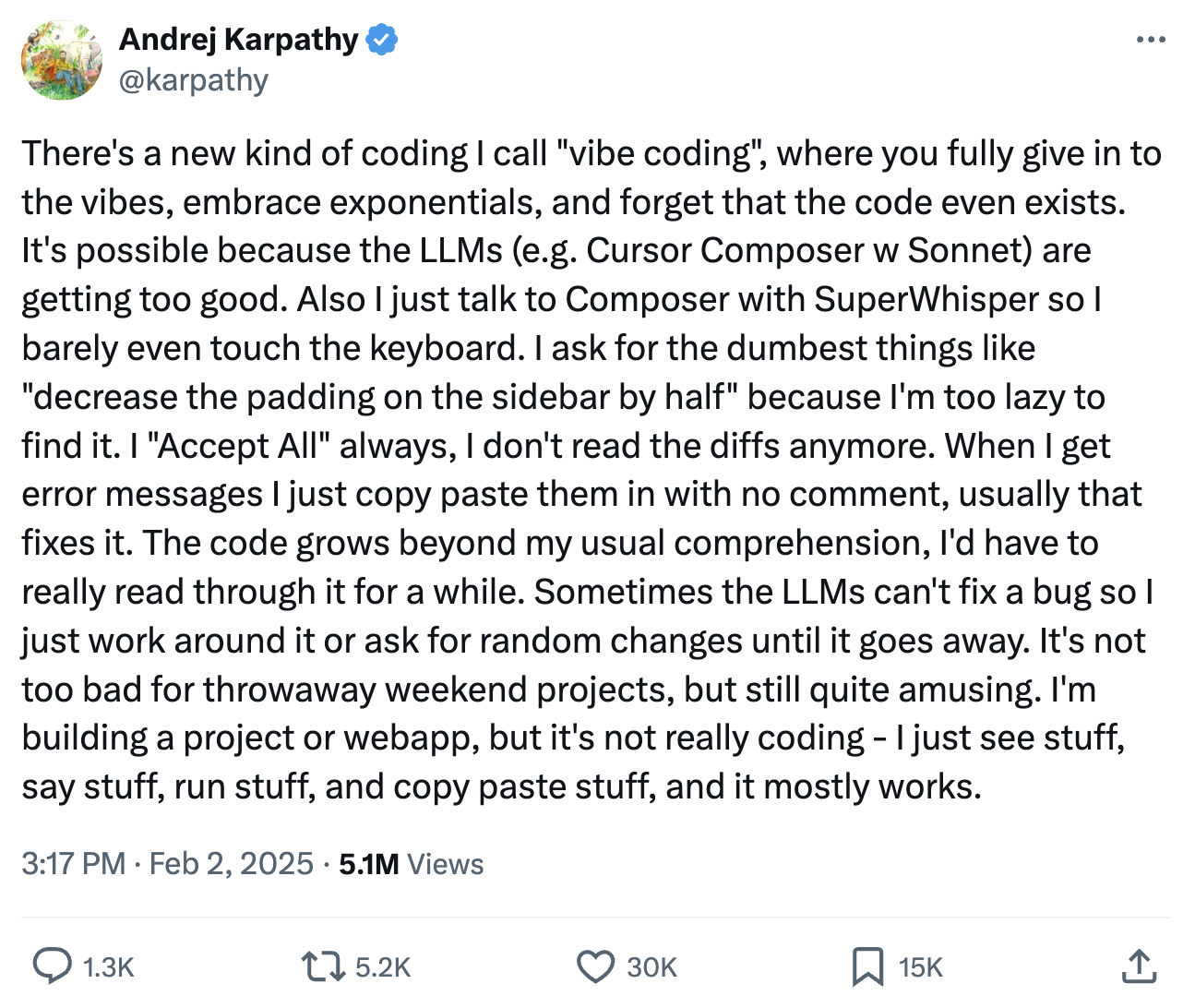 @karpathy tweet, where he introduced the term vibe coding