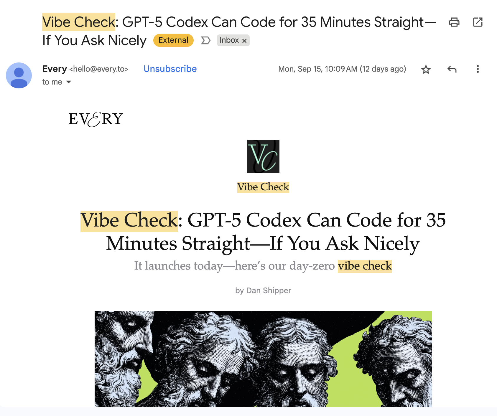 my newsletter from every on ai called vibe check